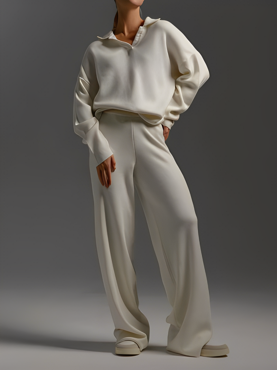 Ensemble pull à col polo et pantalon évasé à taille élastique - Isis