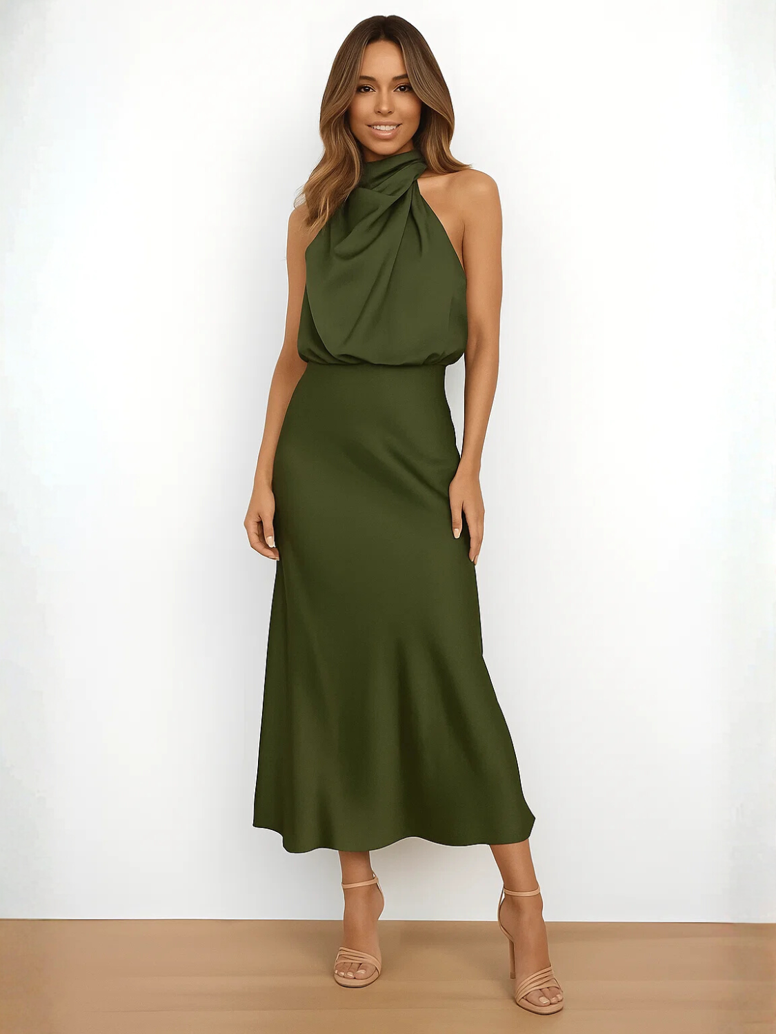 Elegant Fitted Satin Midi Dress with Draped High Neck – Rayca