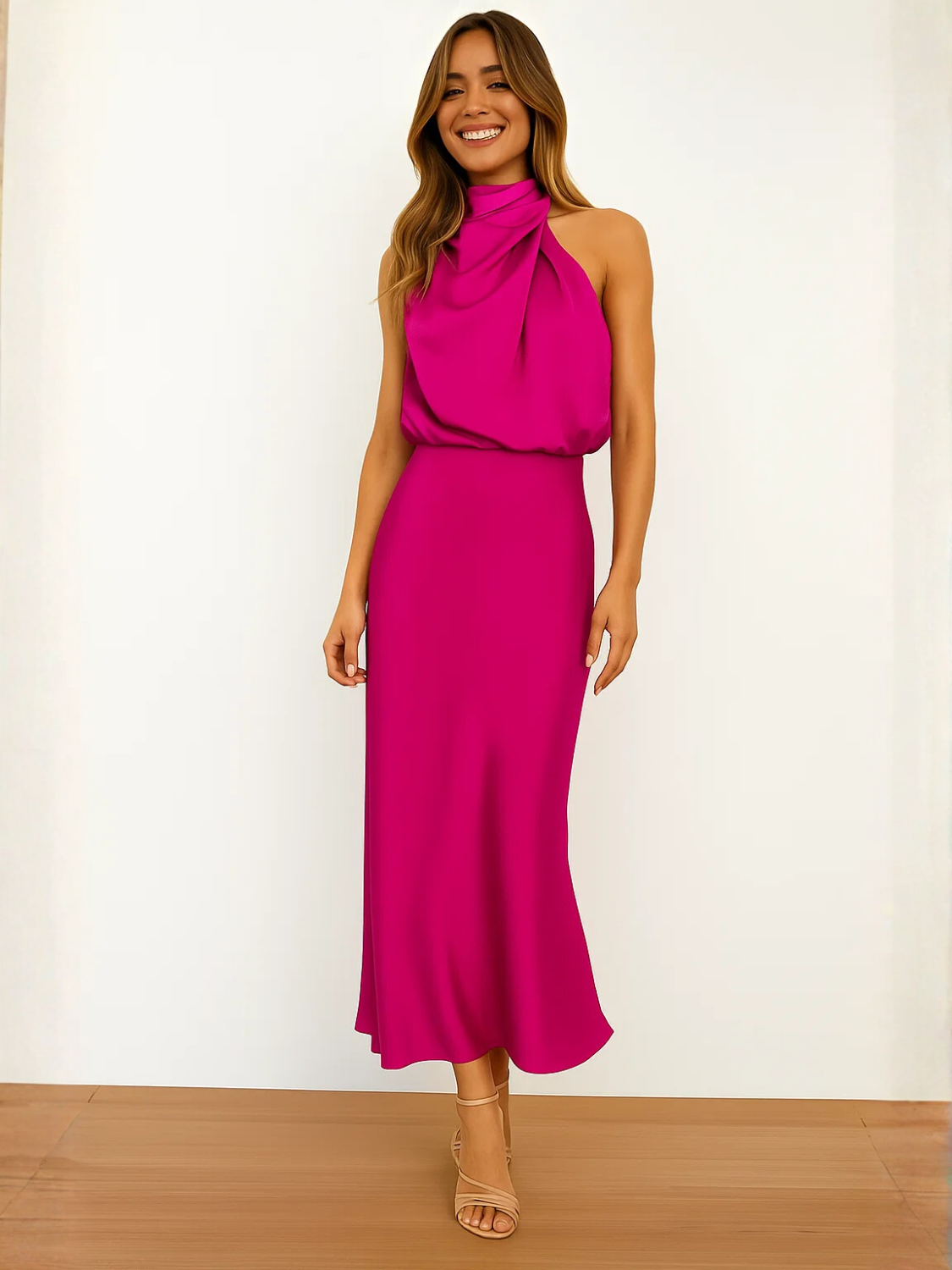 Elegant Fitted Satin Midi Dress with Draped High Neck – Rayca
