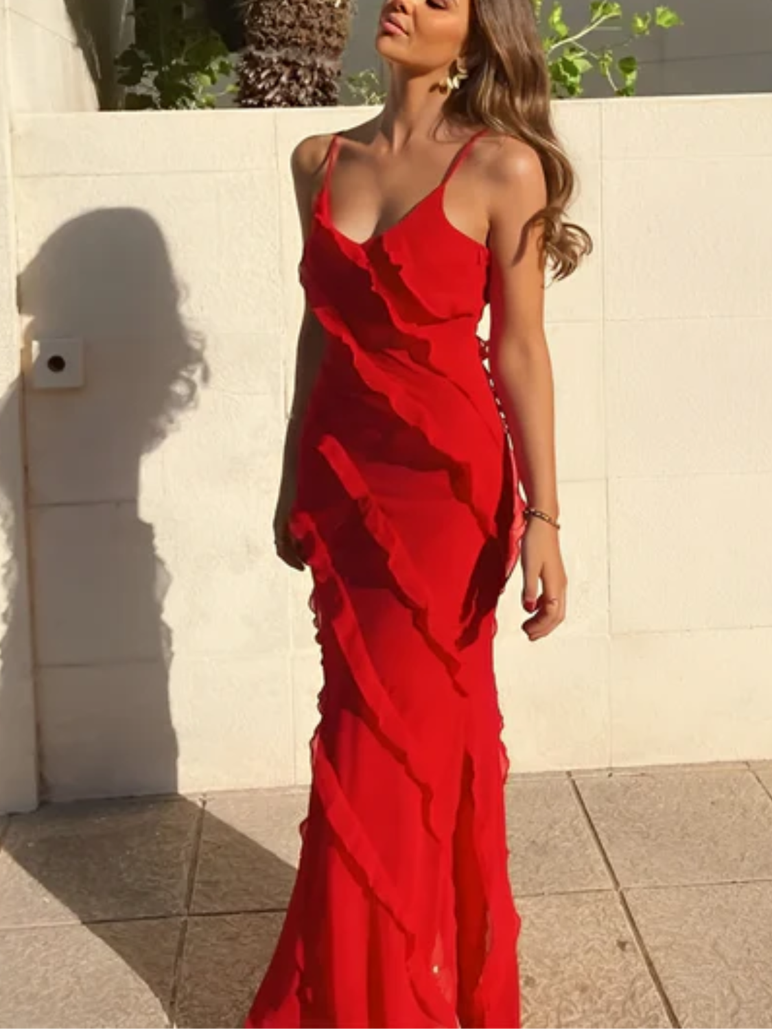 Chiffon Evening Maxi Dress with Straps, Ruffles and Open Back – Cassandra