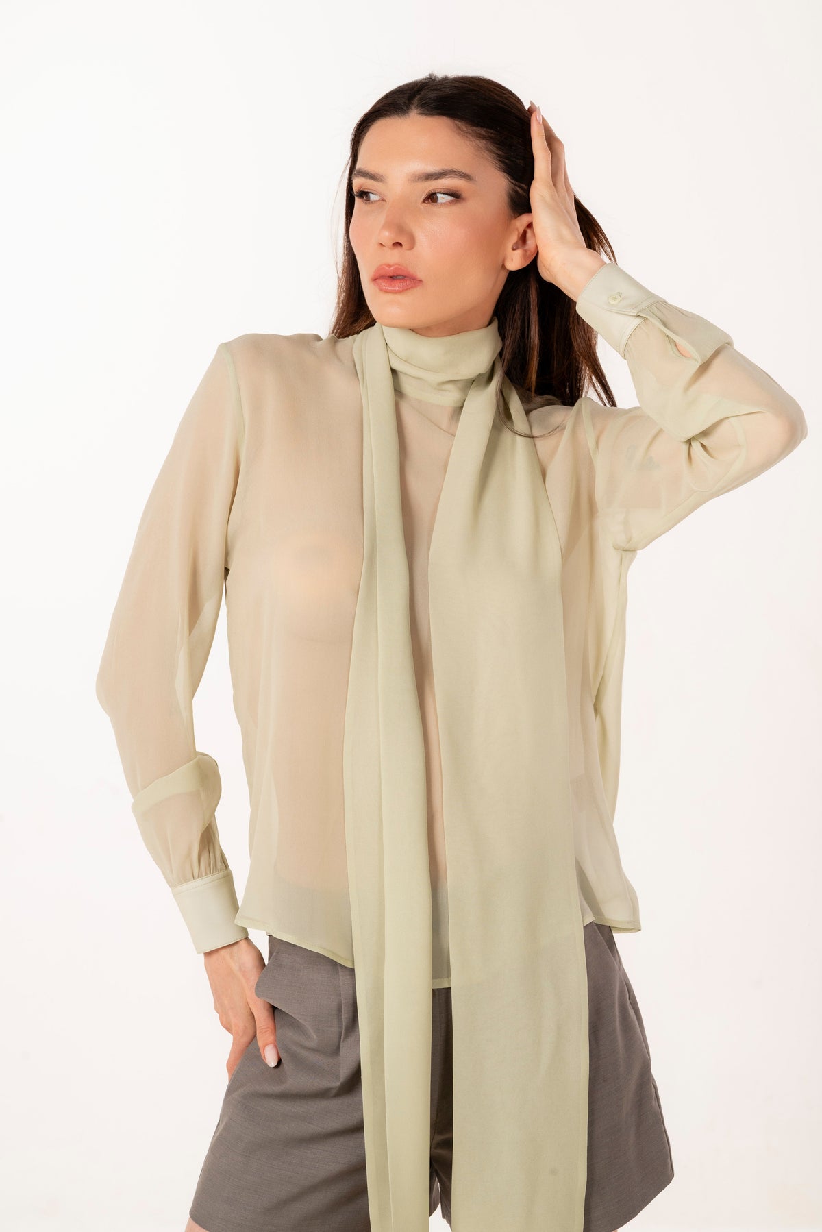 ÉXI-SIENNA LIGHT GREEN SILK BLOUSE