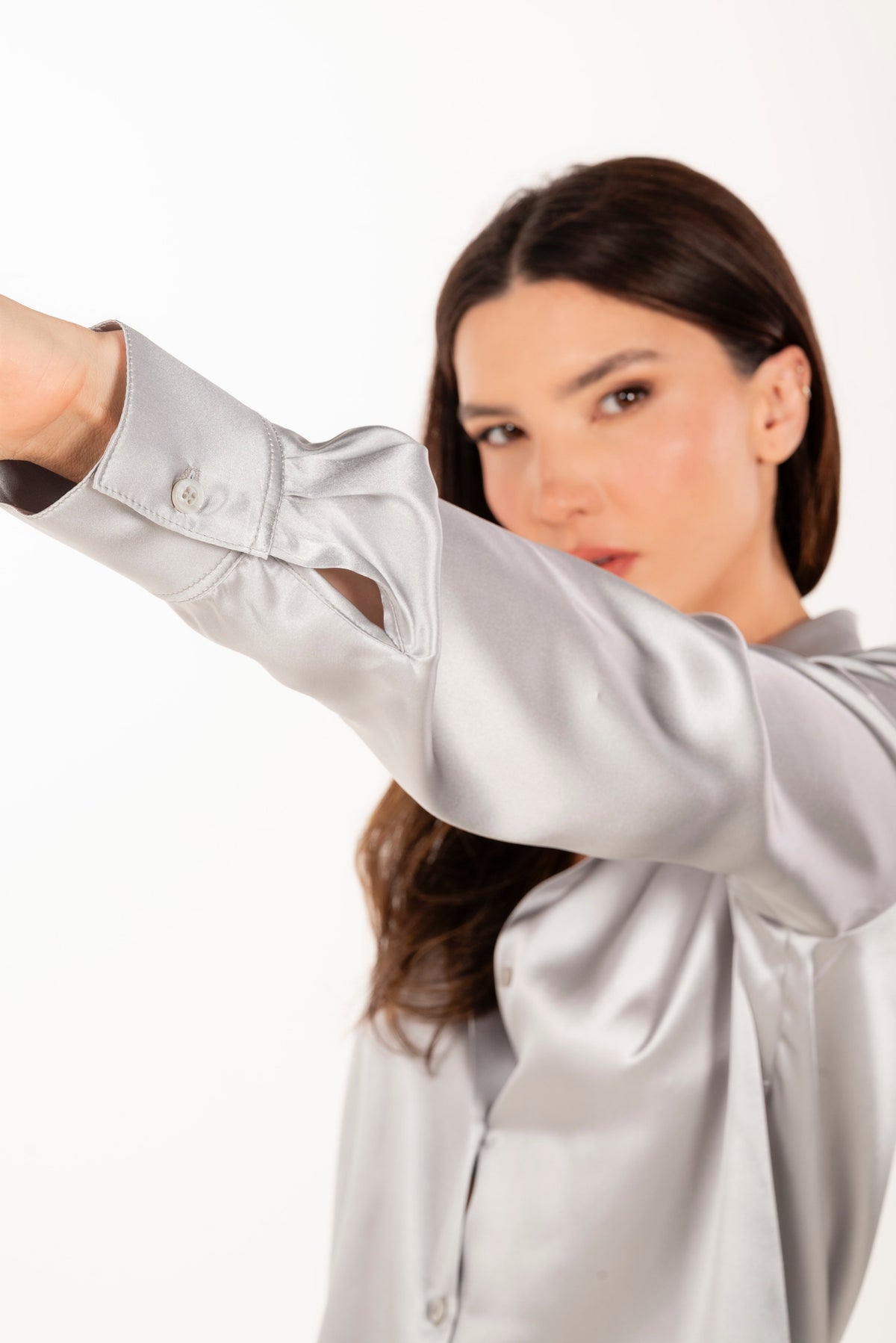 ÉXI-ADA GREY SILK SATIN SHIRT