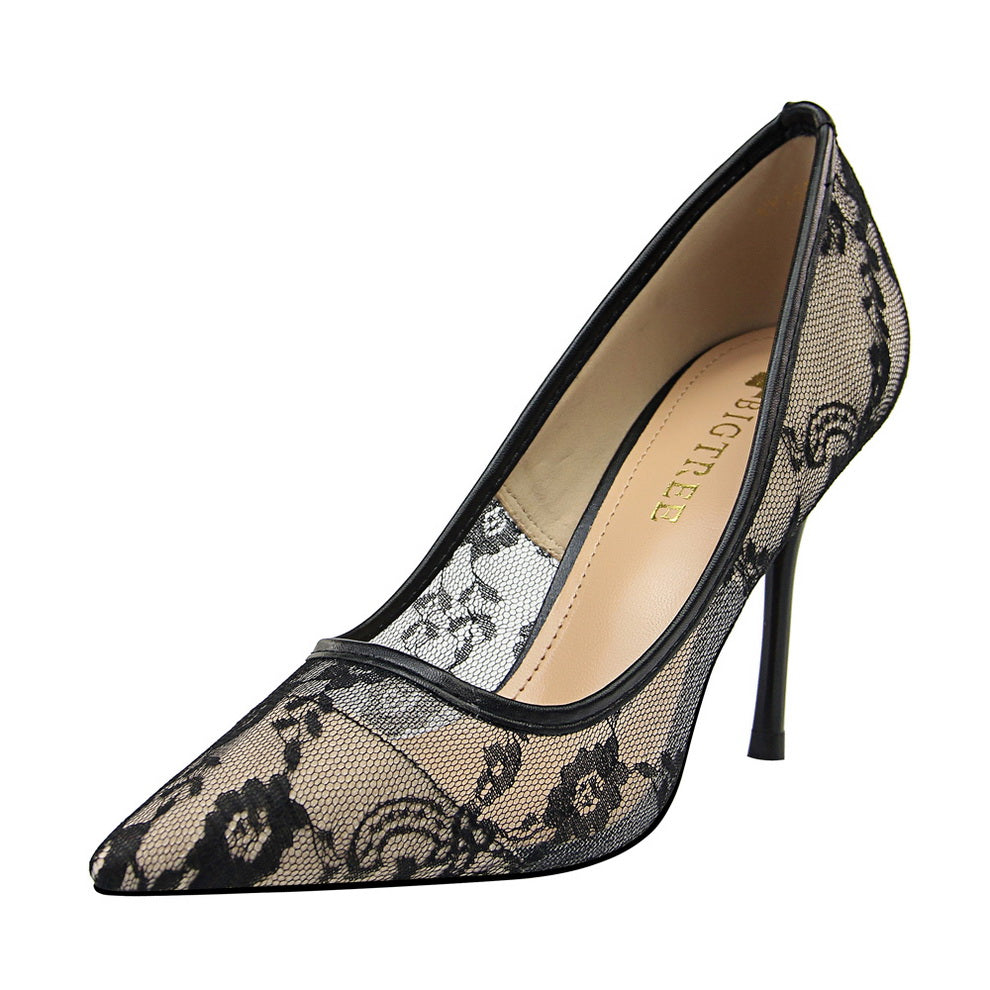 Escarpins à talons aiguilles en dentelle et résille Valeria pour femme Fiorelle – Chaussures élégantes à bout pointu et découpes (US 3,5–10,5)