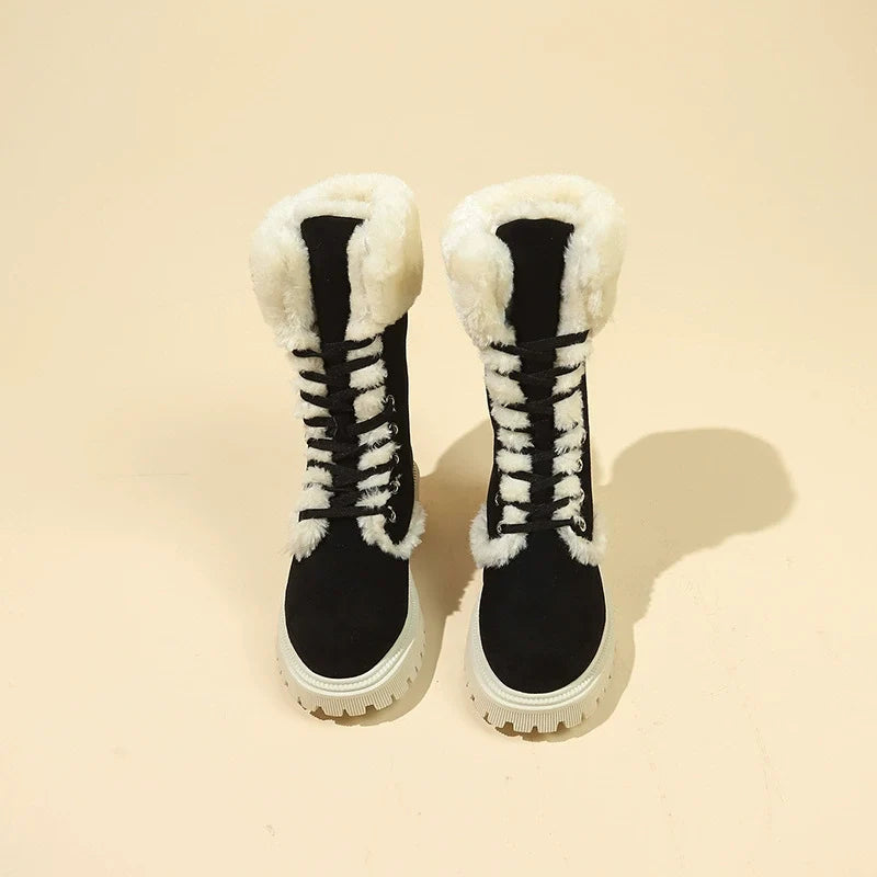 Fiorelle Winter New Women's Velvet Mid-Tube Cotton Boots with Thickened Lining and Height-Enhancing Design