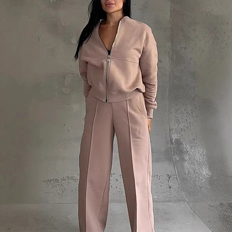 Women's Zip Jacket and Straight Trousers Set with Pockets - Bruna