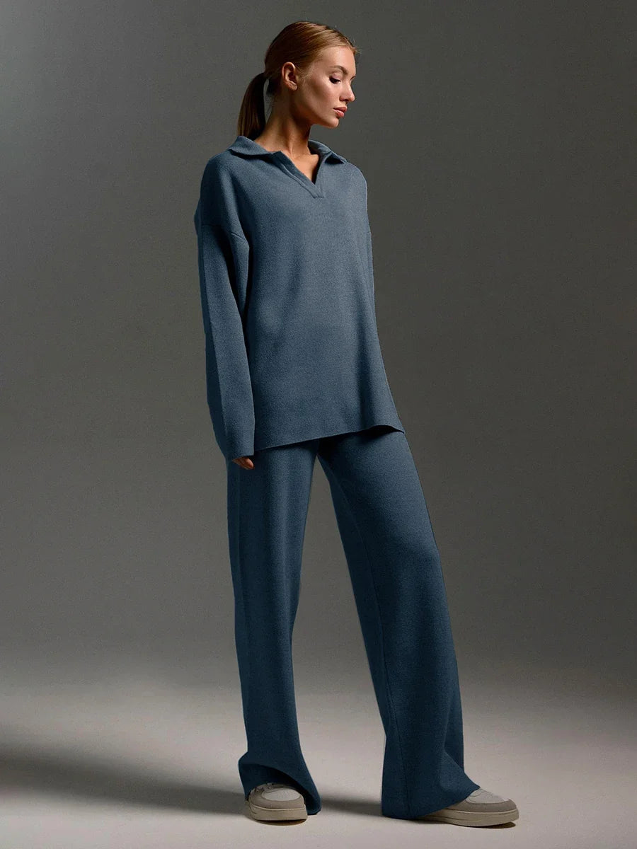 Ensemble pull à col polo et pantalon évasé à taille élastique - Isis