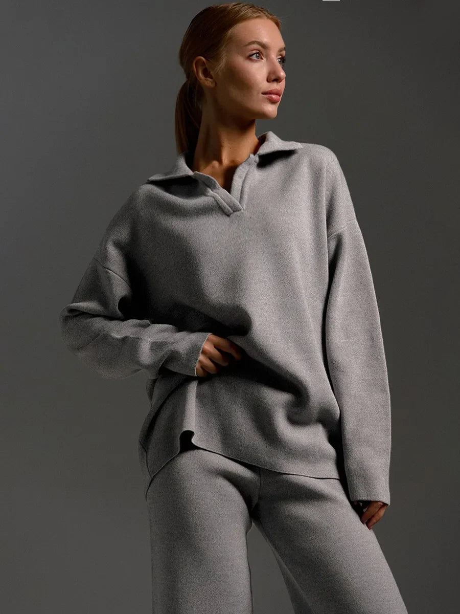 Ensemble pull à col polo et pantalon évasé à taille élastique - Isis