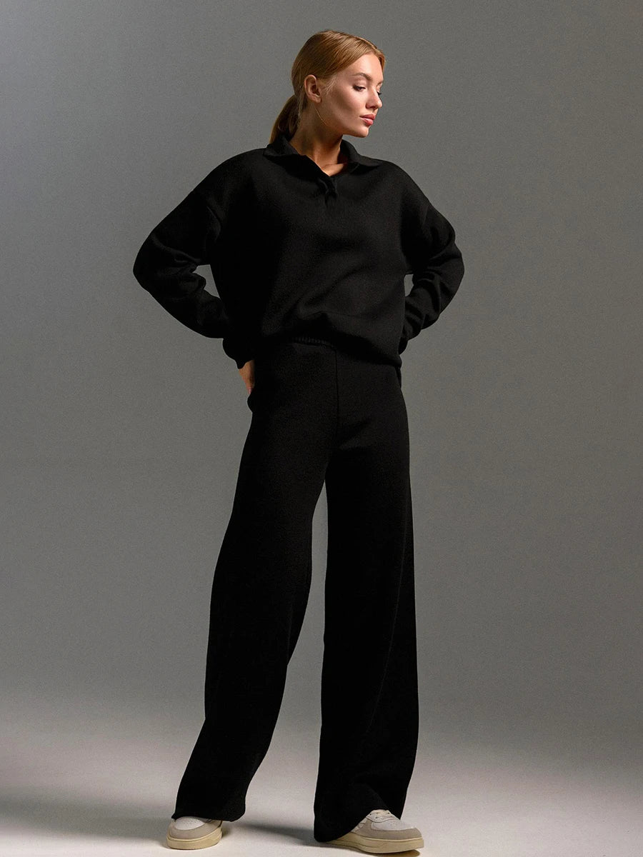 Ensemble pull à col polo et pantalon évasé à taille élastique - Isis