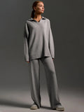 Polo Collar Sweater and Elastic-Waist Flare Trousers Set - Isis