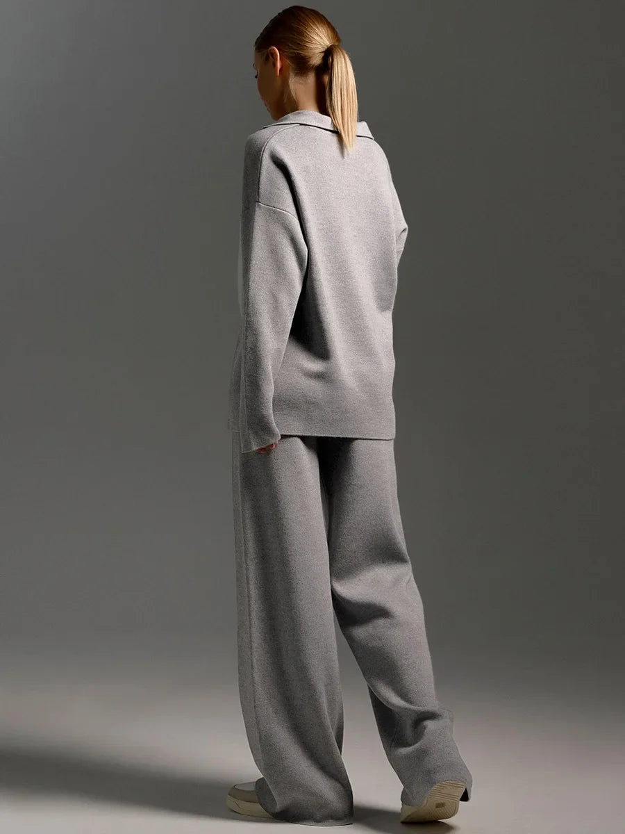 Ensemble pull à col polo et pantalon évasé à taille élastique - Isis