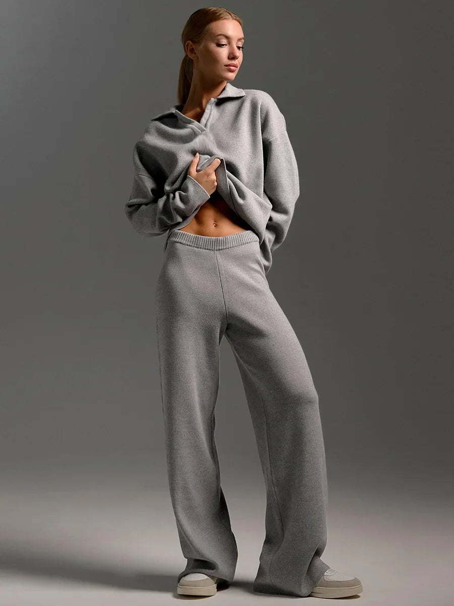 Polo Collar Sweater and Elastic-Waist Flare Trousers Set - Isis