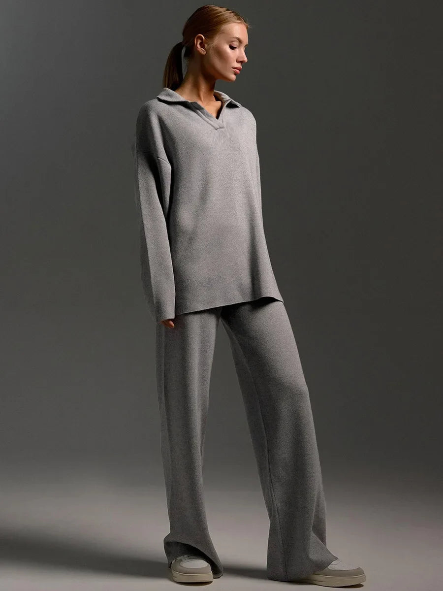 Polo Collar Sweater and Elastic-Waist Flare Trousers Set - Isis