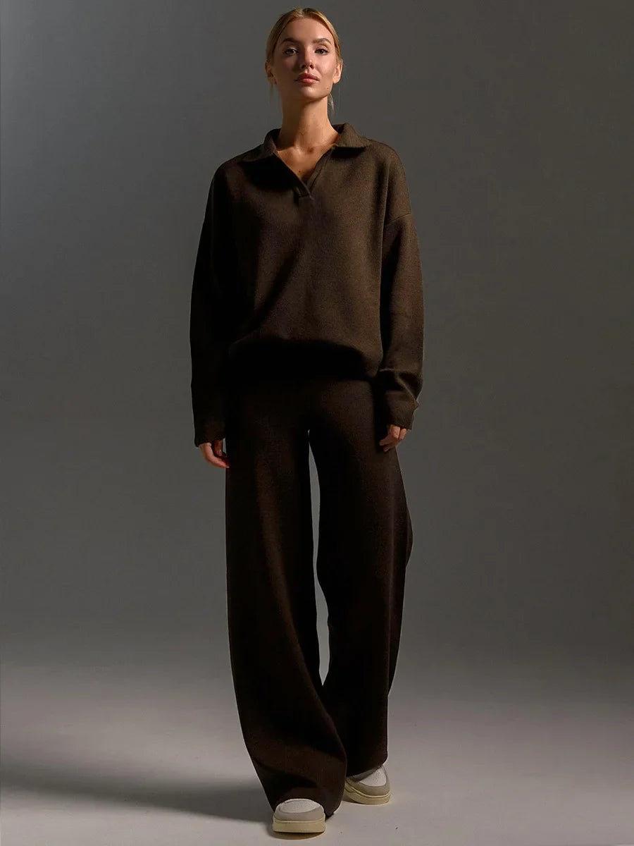 Ensemble pull à col polo et pantalon évasé à taille élastique - Isis
