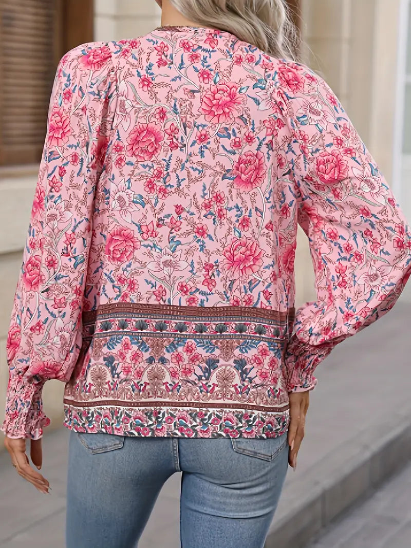 Boho Floral Viscose Blouse with V-Neckline – Flora