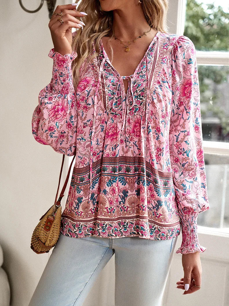 Boho Floral Viscose Blouse with V-Neckline – Flora