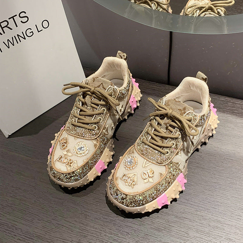 Fiorelle Damen Lumira bestickte Buchstaben Mesh-Plateau-Sneaker – Chunky-Sohle mit Strass-Details, modische Luxus-Sneaker (US 4–10,5)