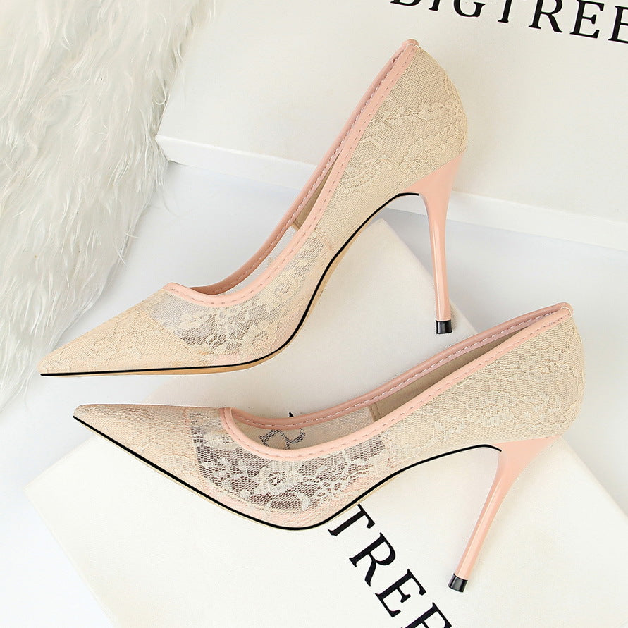 Escarpins à talons aiguilles en dentelle et résille Valeria pour femme Fiorelle – Chaussures élégantes à bout pointu et découpes (US 3,5–10,5)